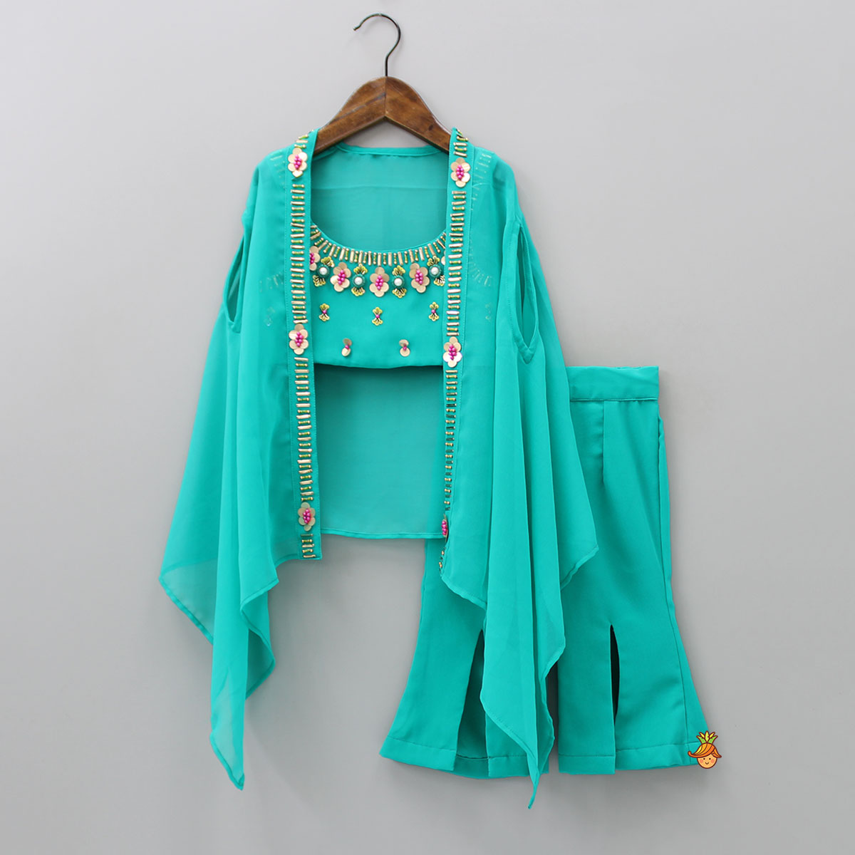 Pre Order: Sequins And Beads Enhanced Top With Cape And Pant With Waist Bag