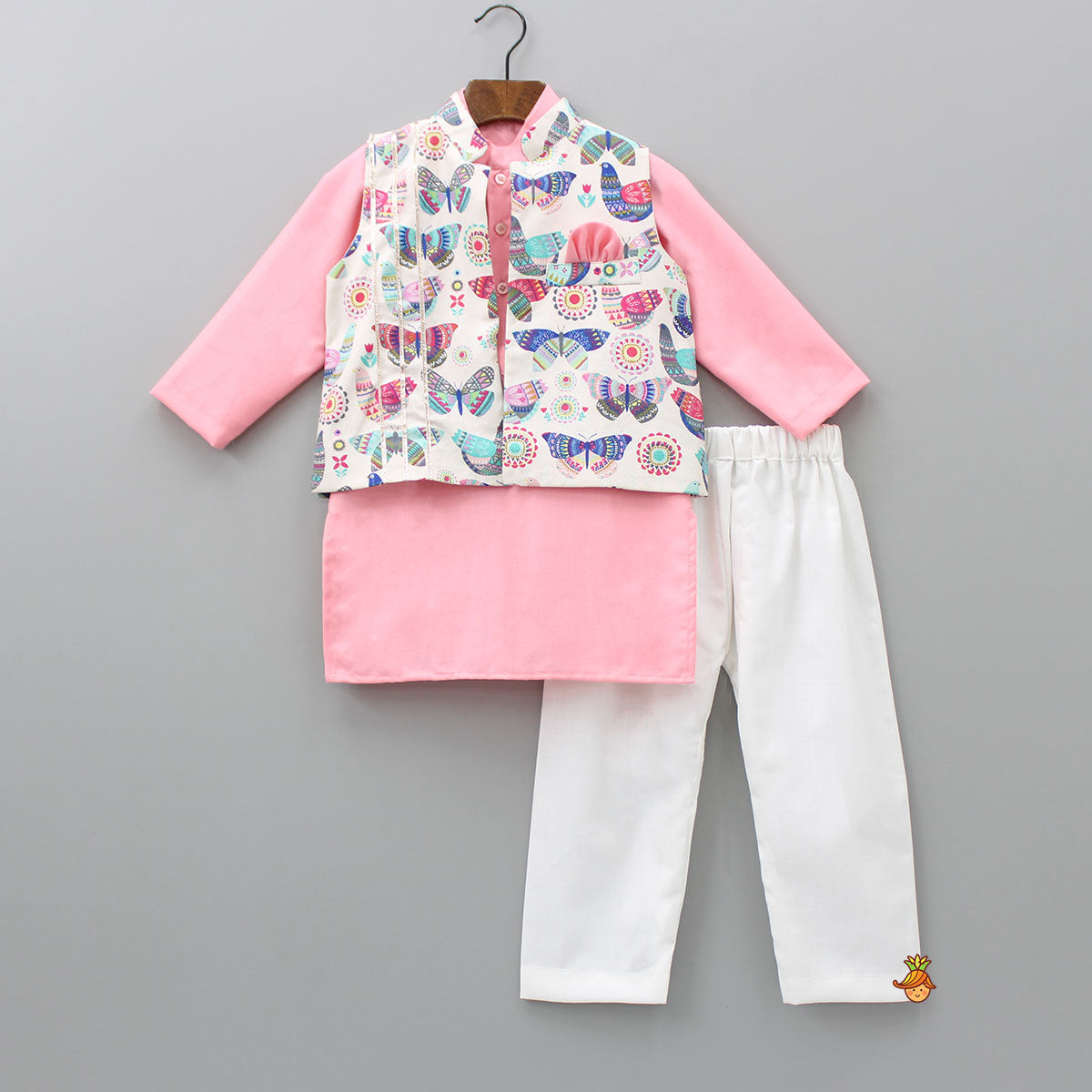 Pre Order: Mandarin Collar Kurta With Butterfly Printed Multicolour Open Jacket And Off White Pyjama