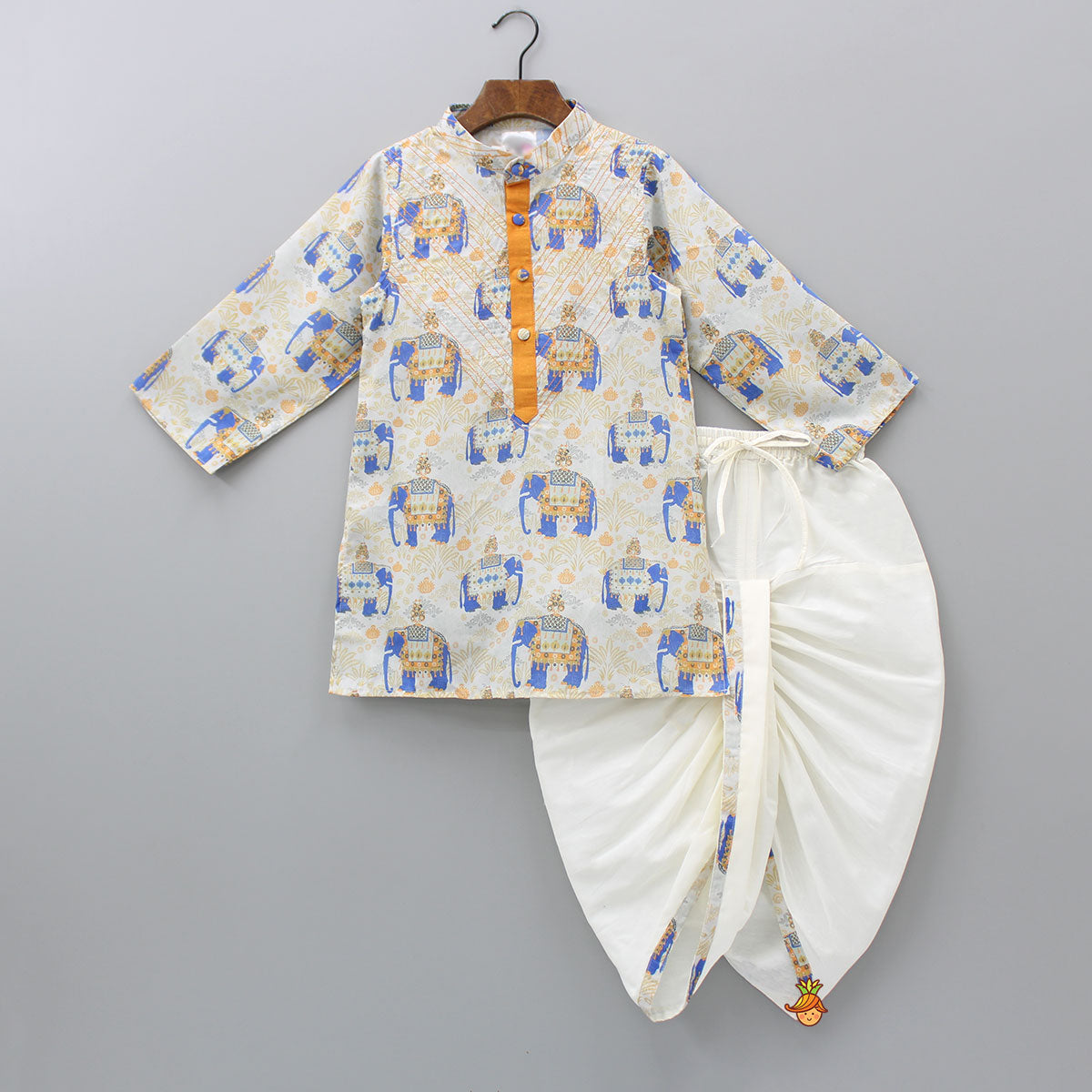 Pre Order: Elephant Printed Thread Detail Multicolour Kurta With Off White Dhoti