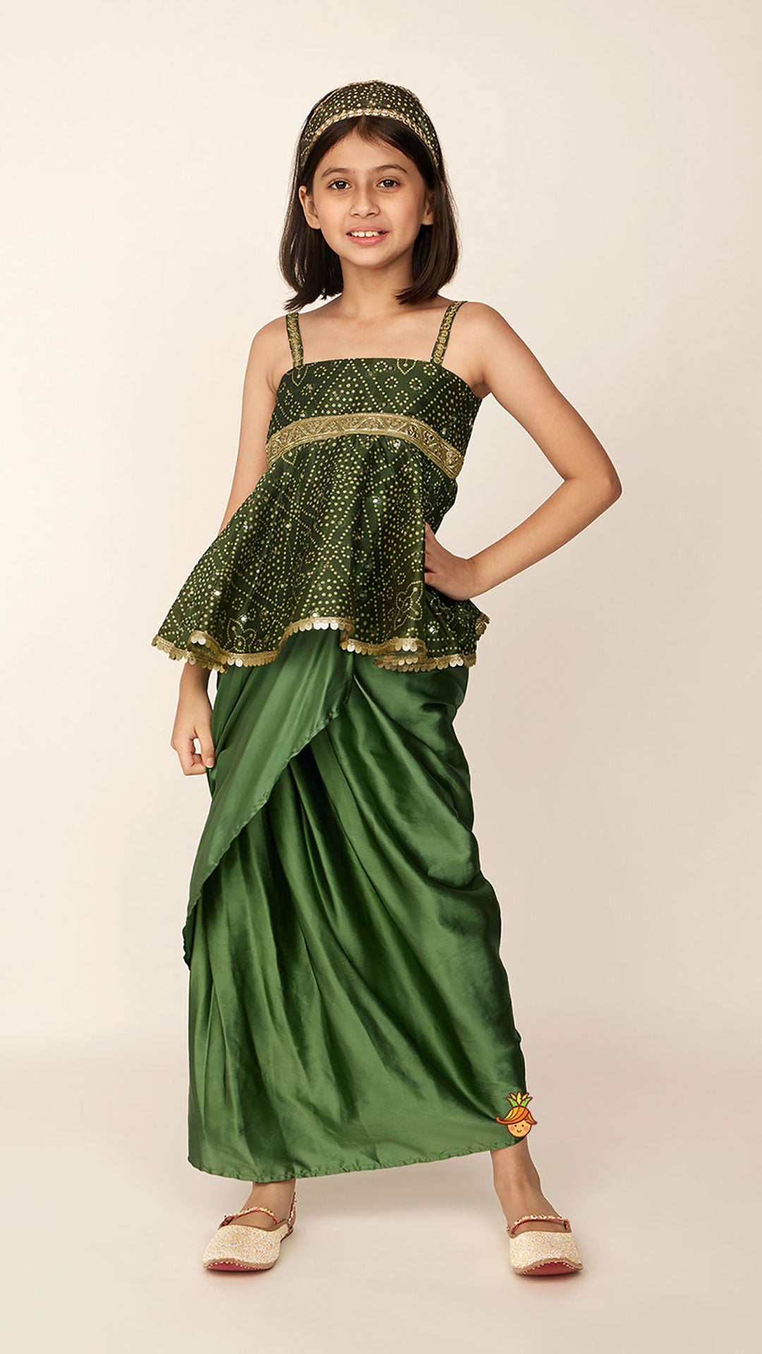 Faux Mirror Work Mehendi Green Top And Stylish Dhoti Skirt With Matching Hair Band