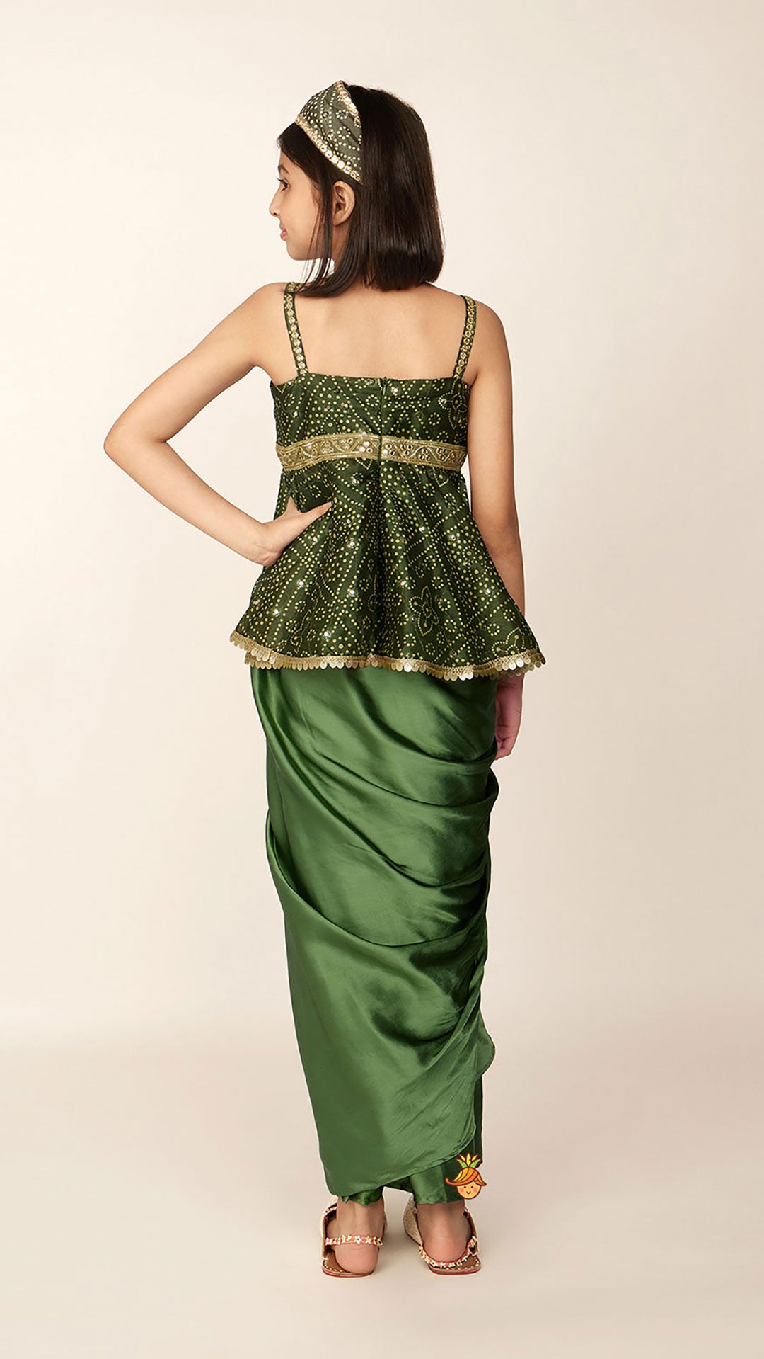 Faux Mirror Work Mehendi Green Top And Stylish Dhoti Skirt With Matching Hair Band