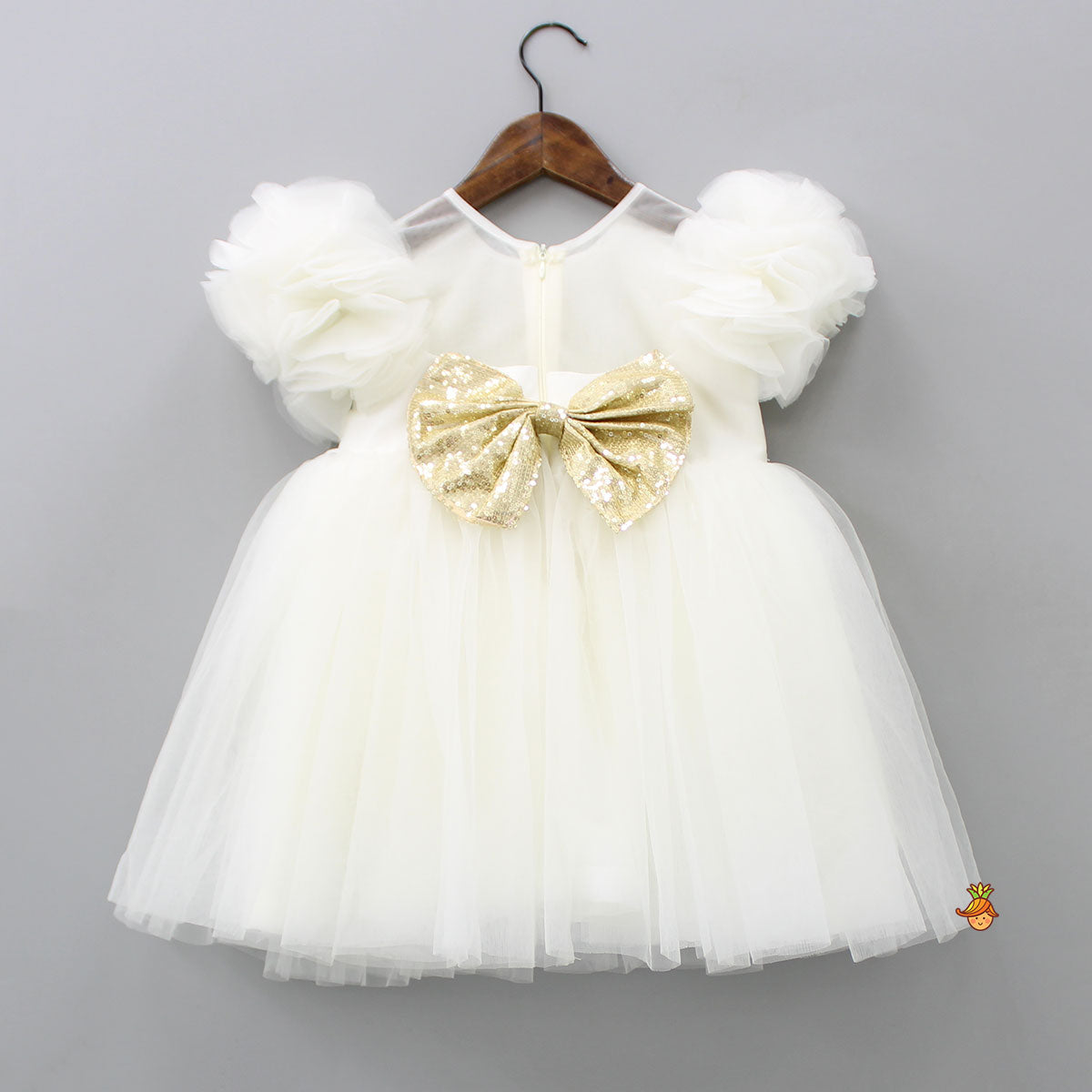 Pre Order: Checks Embroidered Yoke Off White Dress With Back Sequined Bow