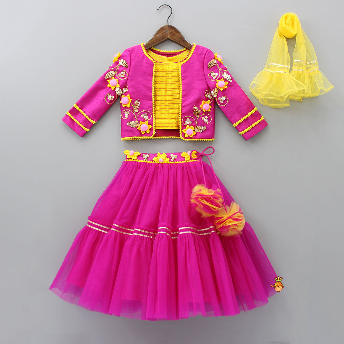 Pre Order: Ethnic Yellow Top With Sequins Enhanced Jacket And Net Lehenga With Dupatta