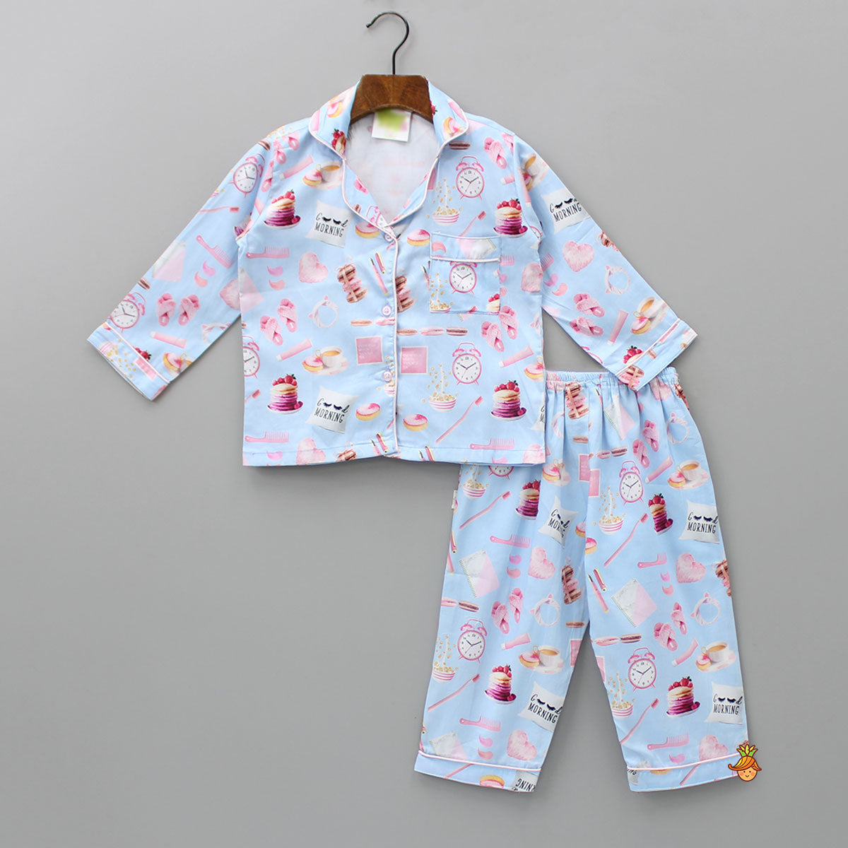 Pre Order: Morning Theme Printed Pure Cotton Blue Sleepwear