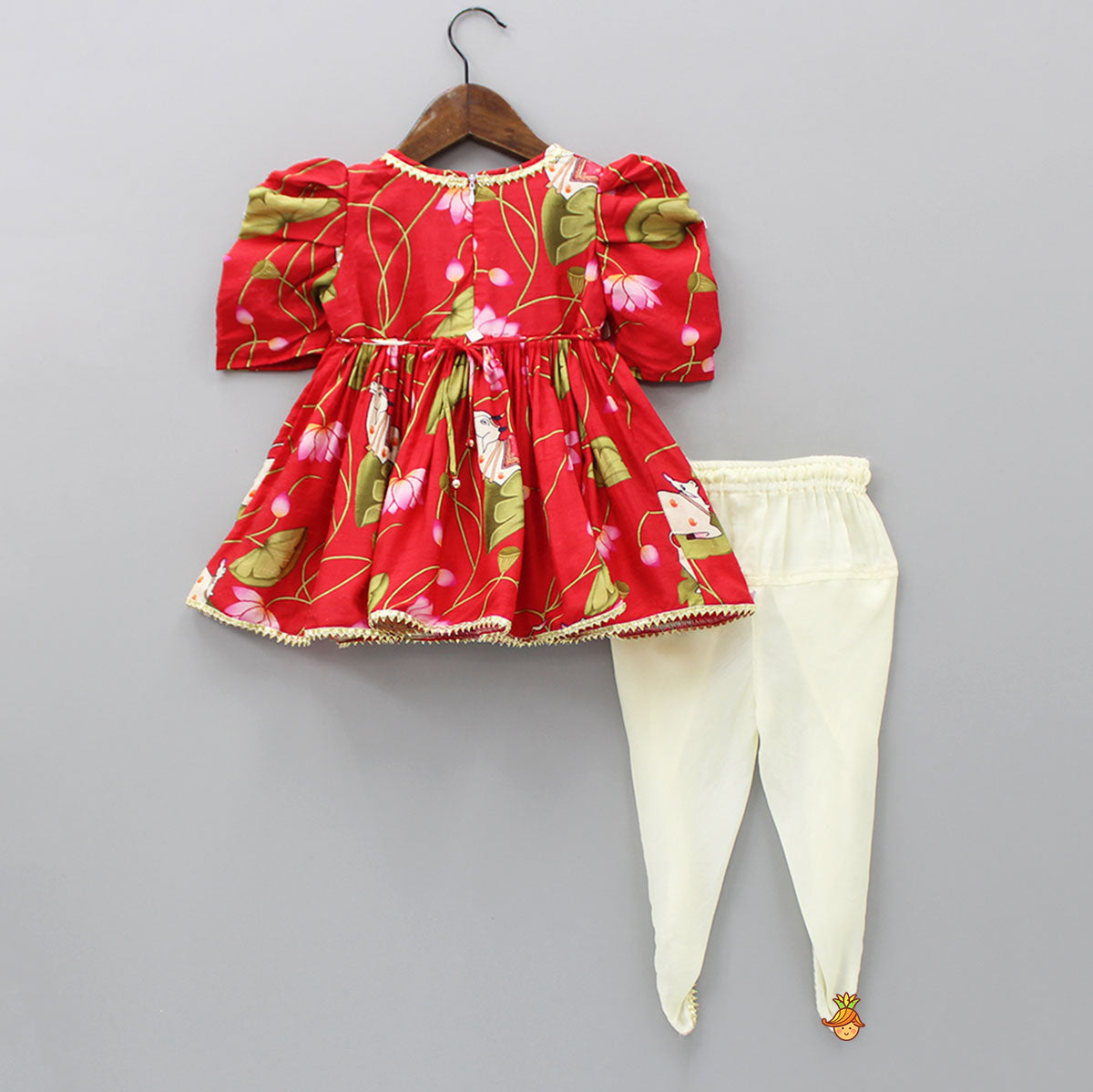 Pre Order: Printed Puffed Sleeves Red Peplum Top With Tulip Pant