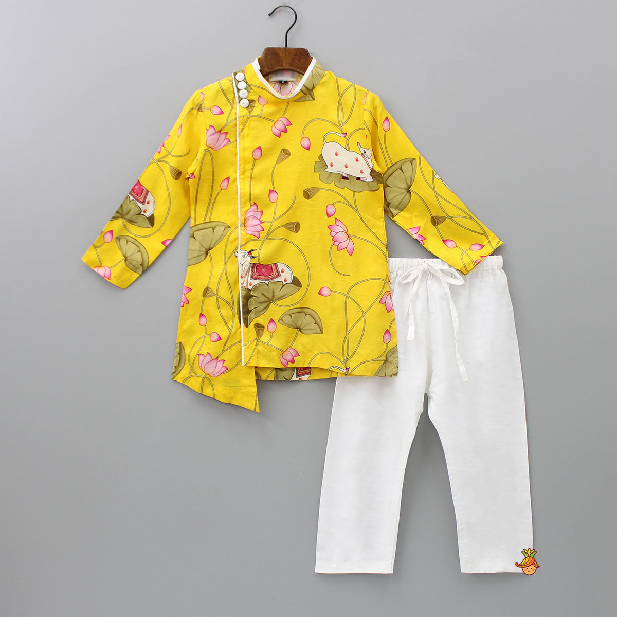 Pre Order: Cow And Lotus Printed Stylish Yellow Kurta With Pyjama