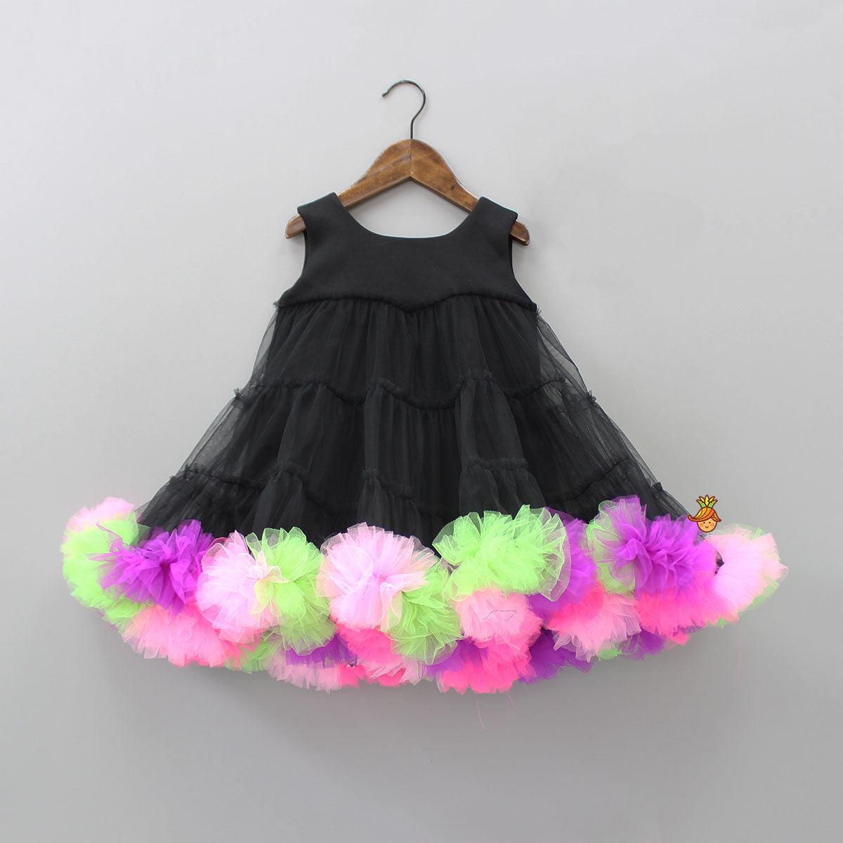 Pre Order: Black Scuba Dress With Multicolour Ruffled Hem And Matching Bowie Hair Band
