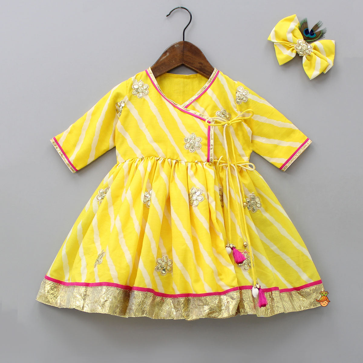 Pre Order: Leheriya Printed Yellow Angrakha Kurti With Matching Bowie Hair Clip