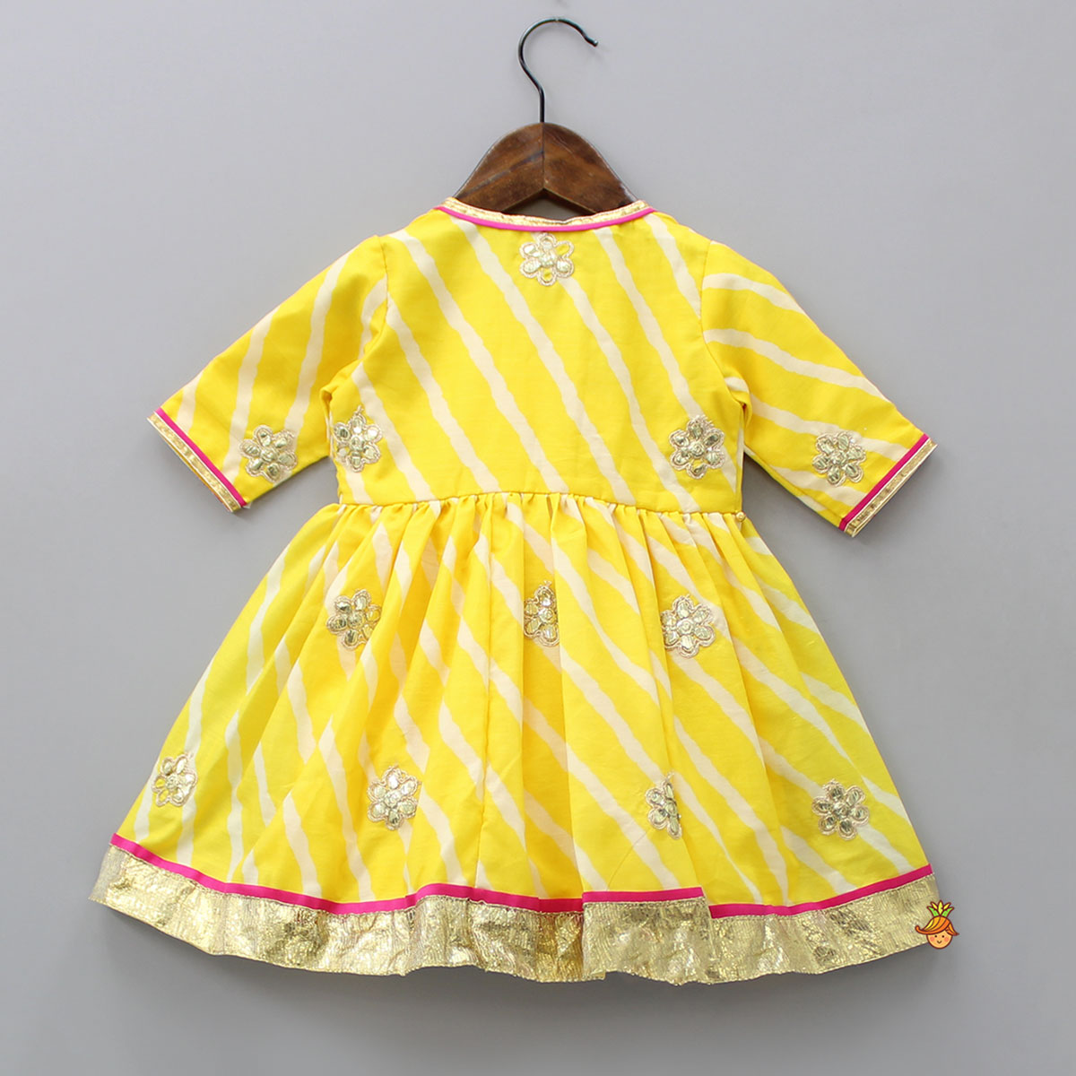 Pre Order: Leheriya Printed Yellow Angrakha Kurti With Matching Bowie Hair Clip