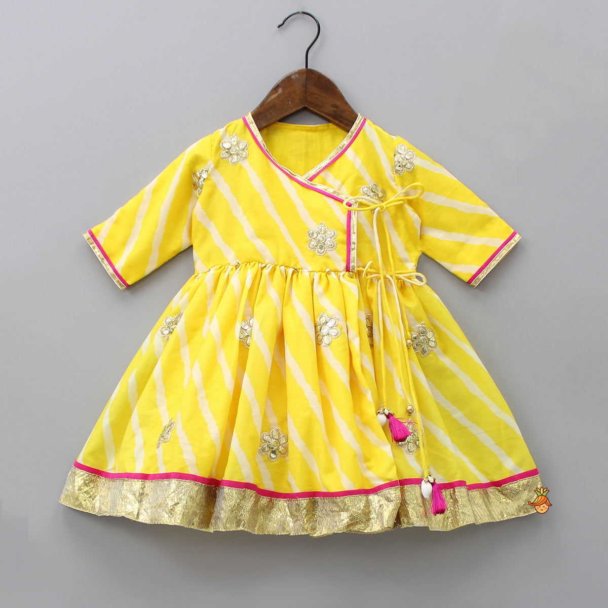 Pre Order: Leheriya Printed Yellow Angrakha Kurti With Matching Bowie Hair Clip