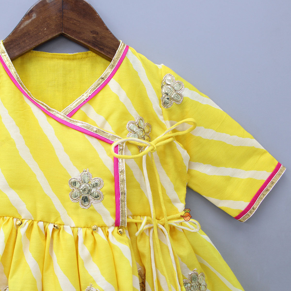 Pre Order: Leheriya Printed Yellow Angrakha Kurti With Matching Bowie Hair Clip