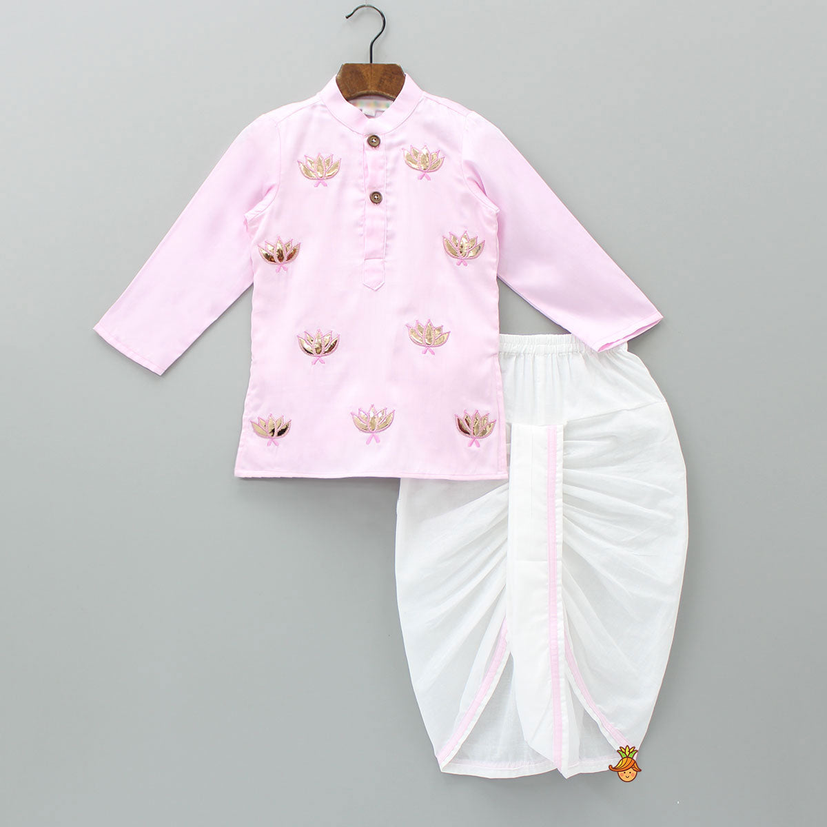 Lotus Patch Embroidered Pink Kurta And Dhoti