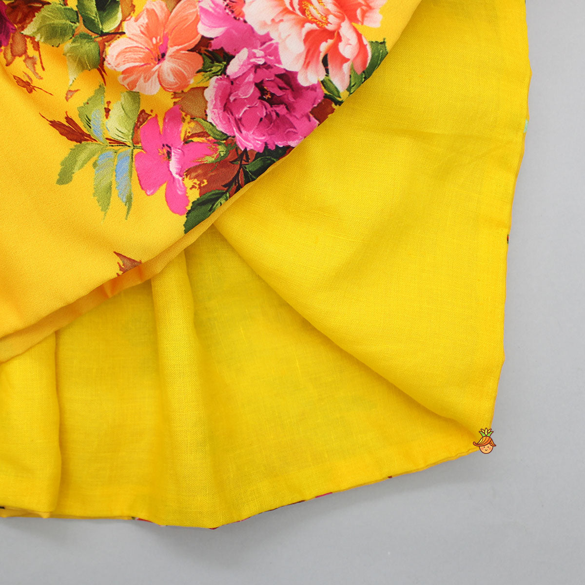 Floral Printed Angrakha Style Yellow Kurti With Dhoti And Mukut