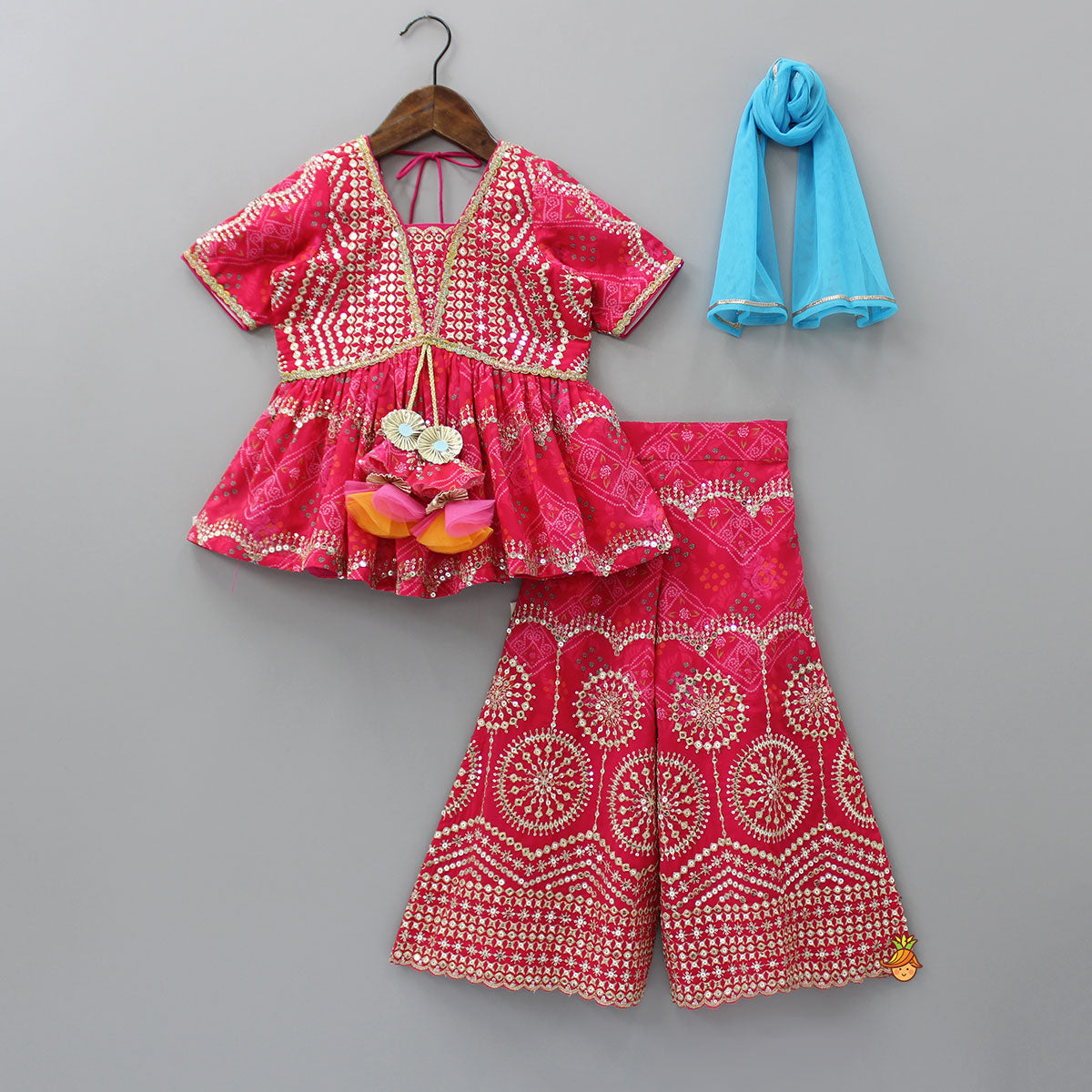 Pre Order: Bandhani Printed Sequins Embroidered Top And Sharara With Dupatta