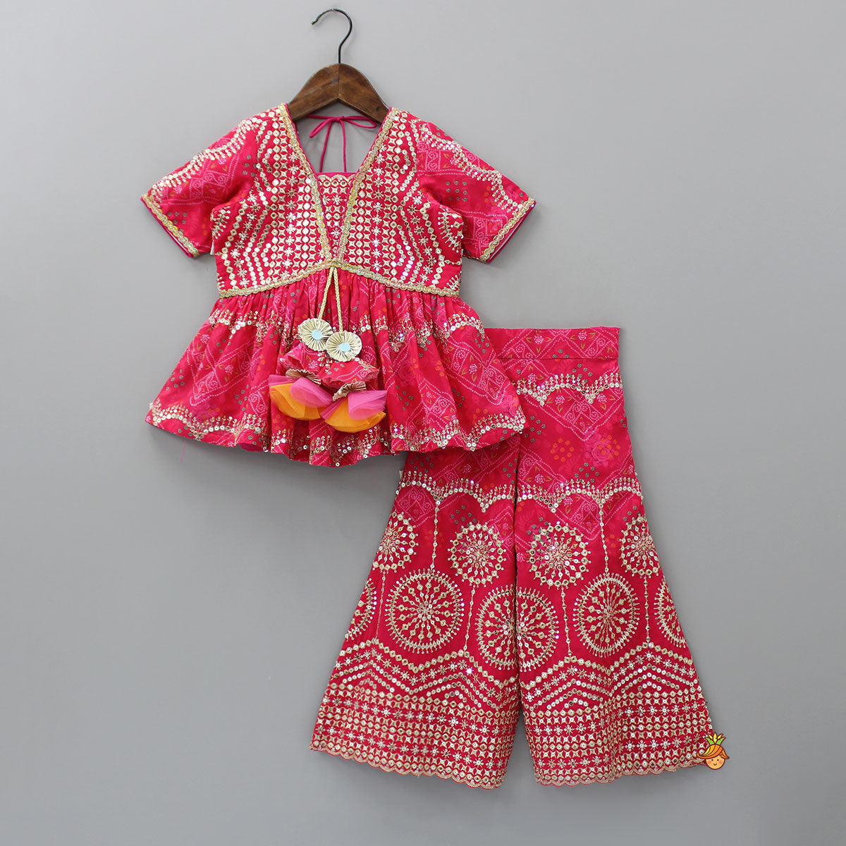 Pre Order: Bandhani Printed Sequins Embroidered Top And Sharara With Dupatta