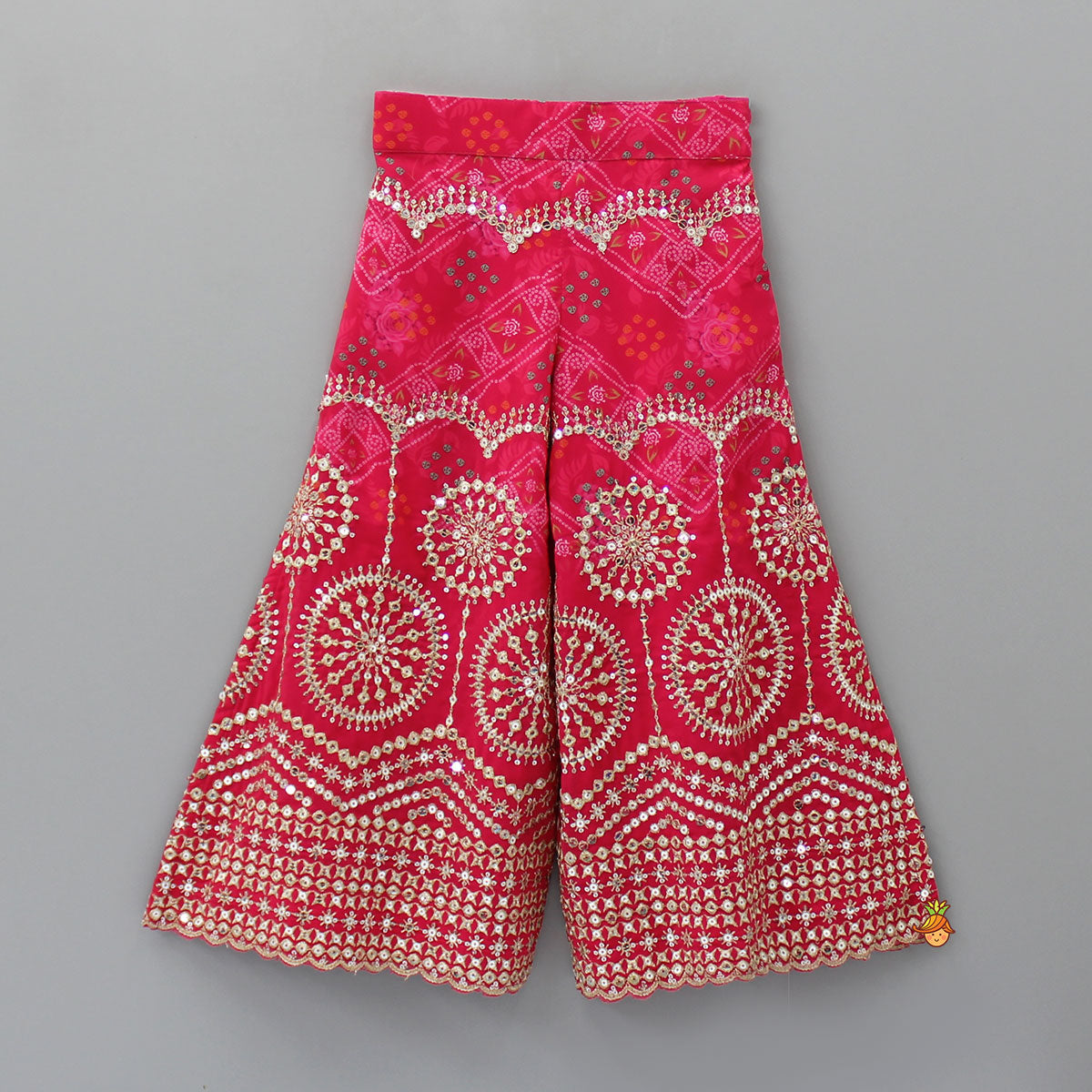 Pre Order: Bandhani Printed Sequins Embroidered Top And Sharara With Dupatta