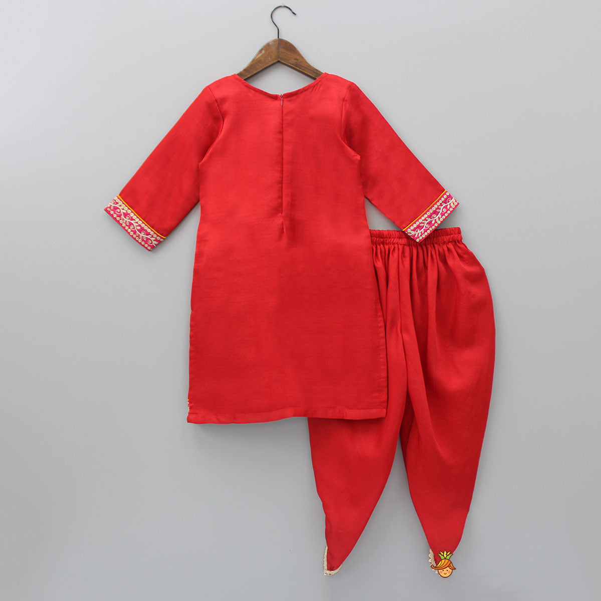 Pre Order: Exquisite Embroidered Red Kurti And Tulip Pant With Dupatta