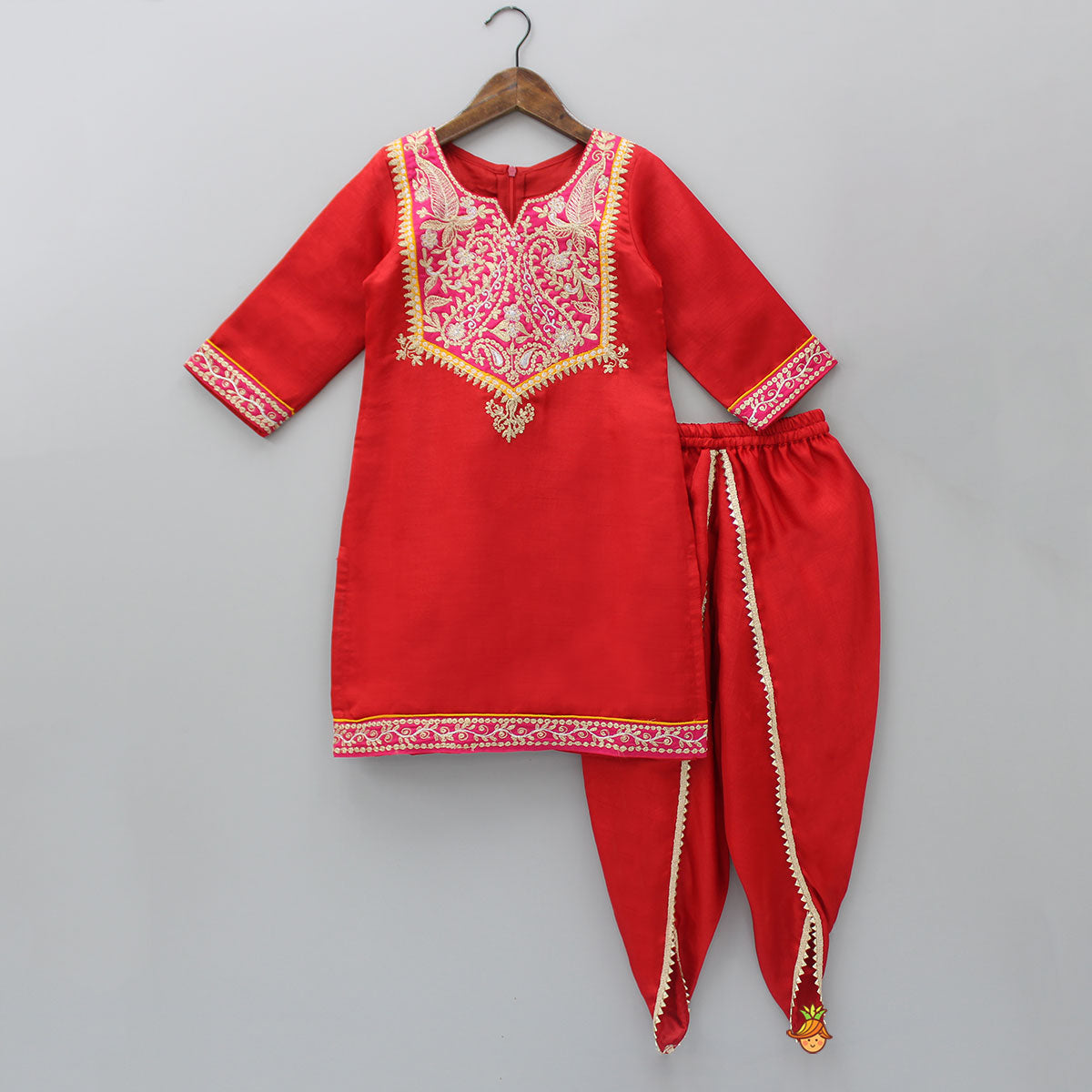 Pre Order: Exquisite Embroidered Red Kurti And Tulip Pant With Dupatta