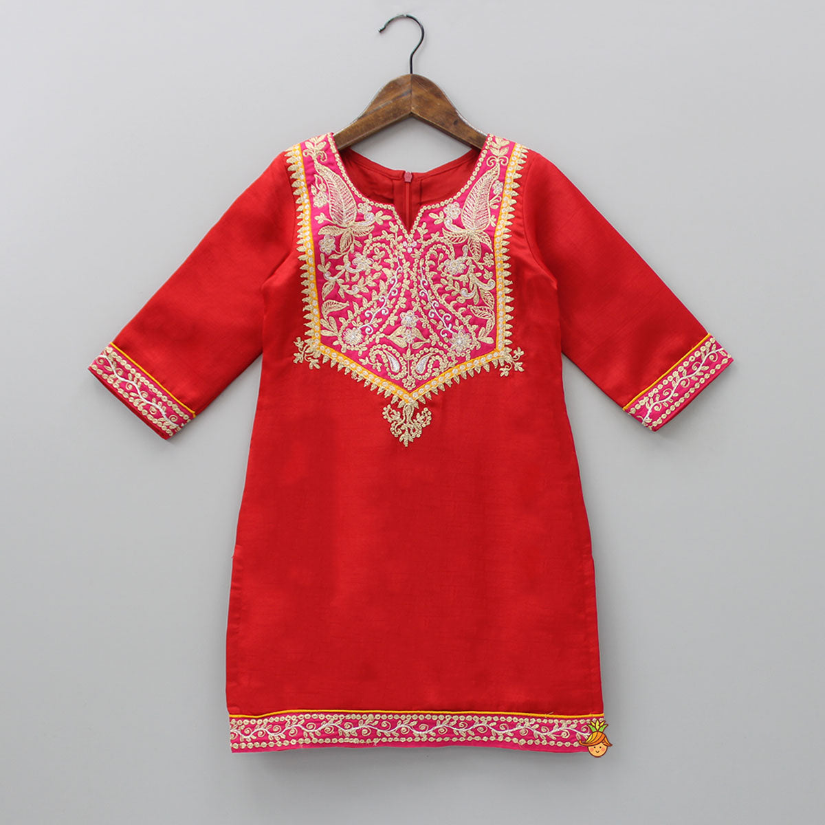 Pre Order: Exquisite Embroidered Red Kurti And Tulip Pant With Dupatta