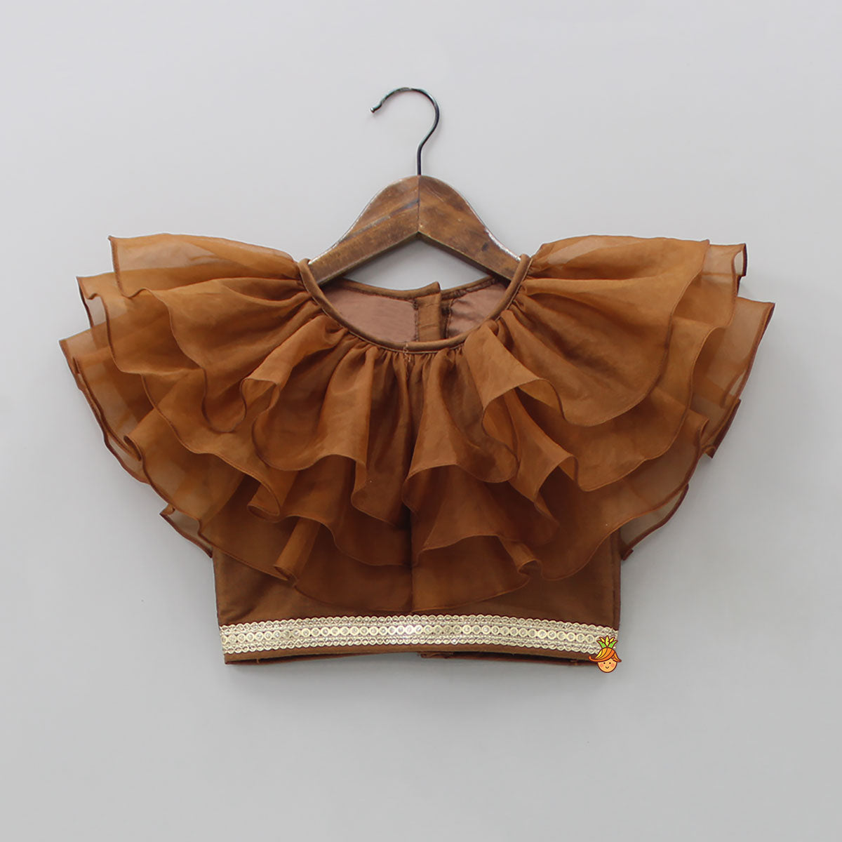Pre Order: Organza Triple Layered Flap Brown Top And Zari Embroidered Lehenga