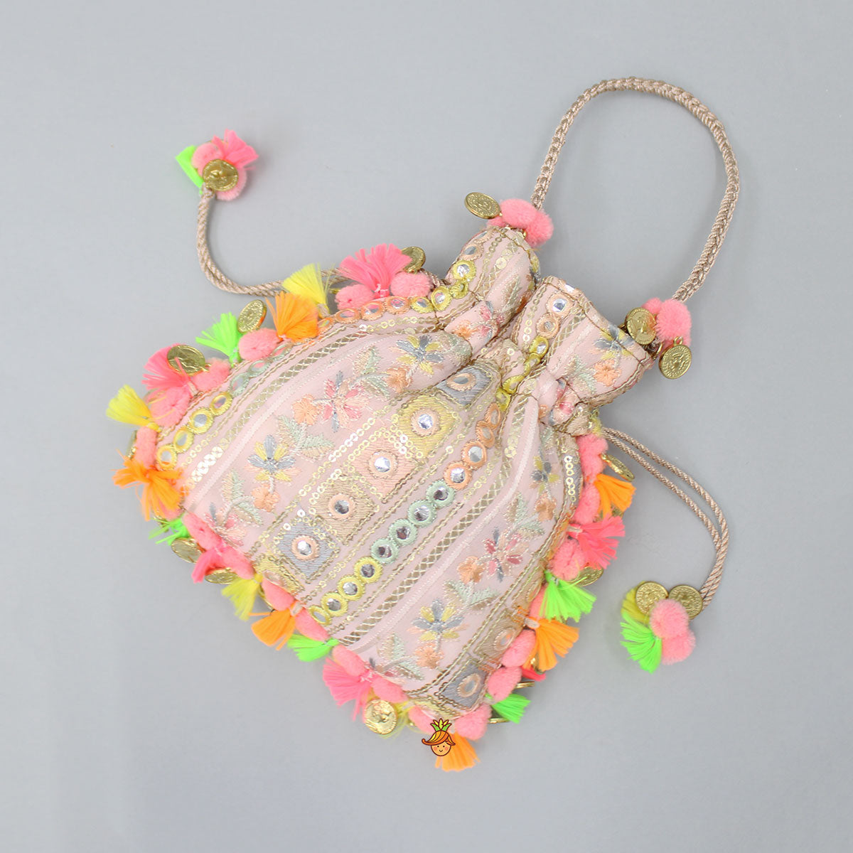 Pre Order: Stunning Embroidered Pom Poms And Fringed Tassels Detailed Potli Bag