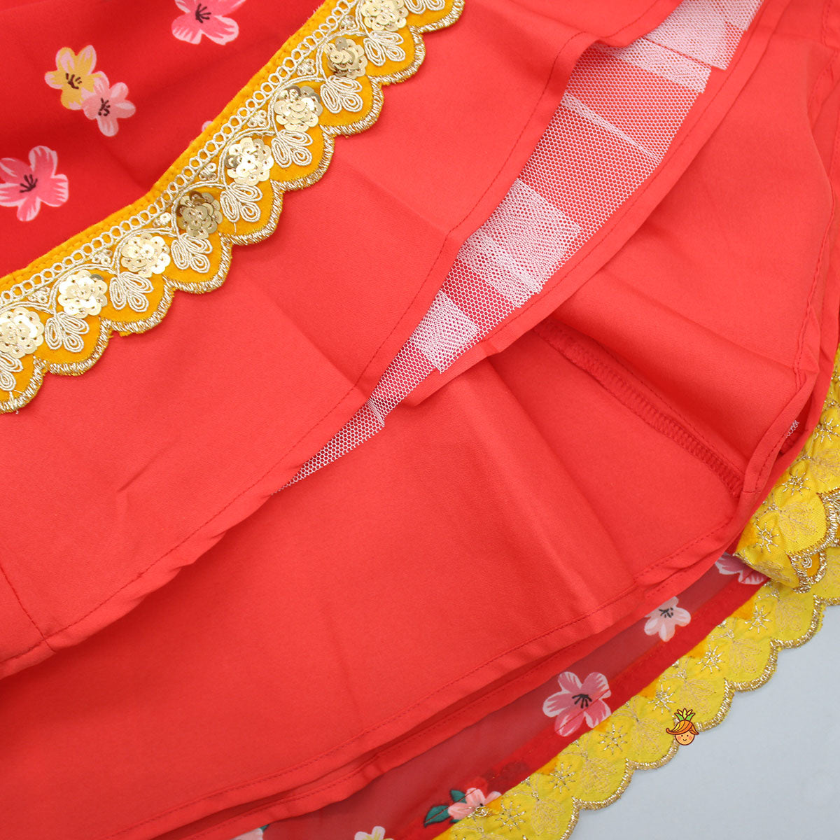 Scalloped Lace Detail Red Floral Top And Lehenga With Ruffle Dupatta