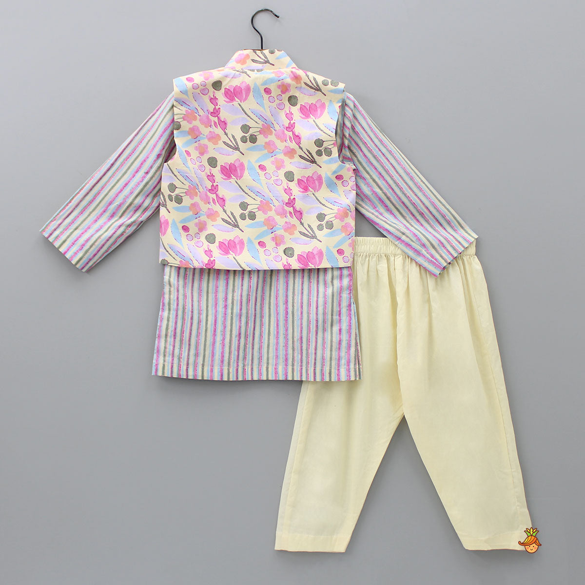 Striped Multicolour Kurta With Front Open Pocket Detail Printed Jacket And Pyjama