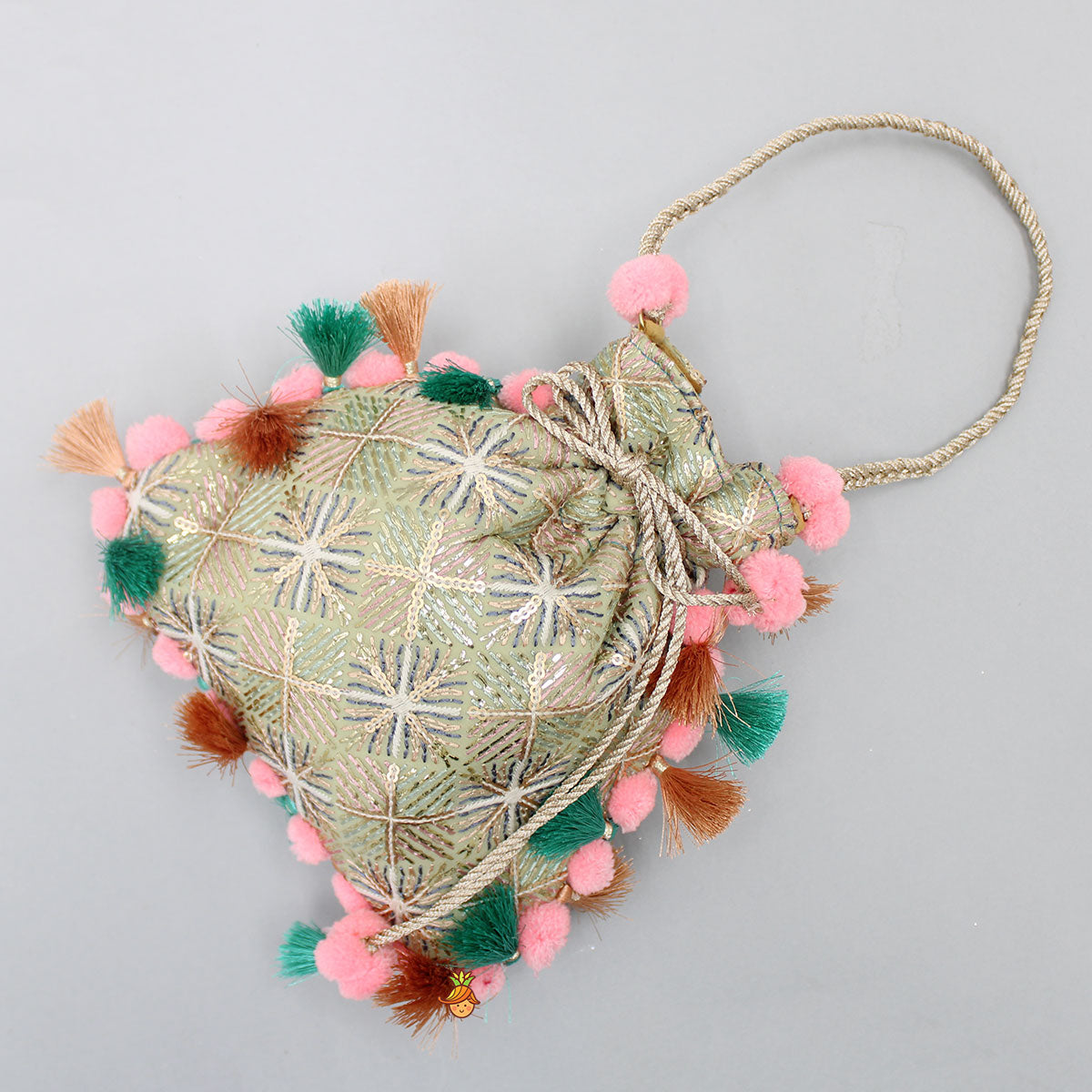 Pre Order: Sequins Embellished Pom Poms And Fringed Detailed Potli Bag