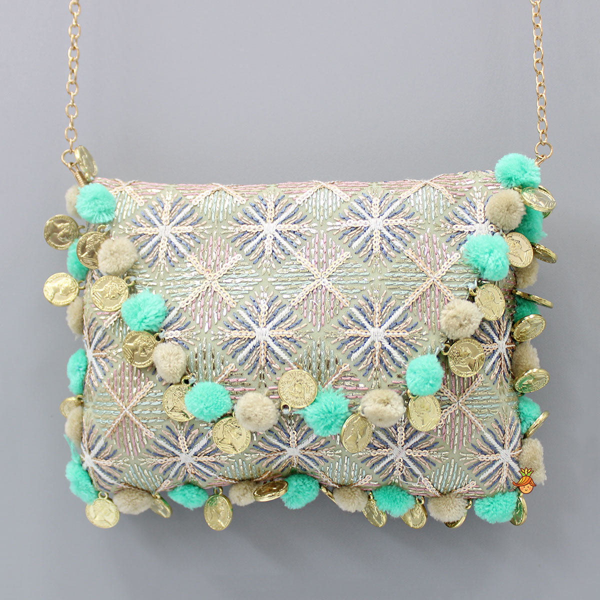 Pre Order: Stunning Sequins Work Dual Toned Pom Poms Enhanced Sling Bag