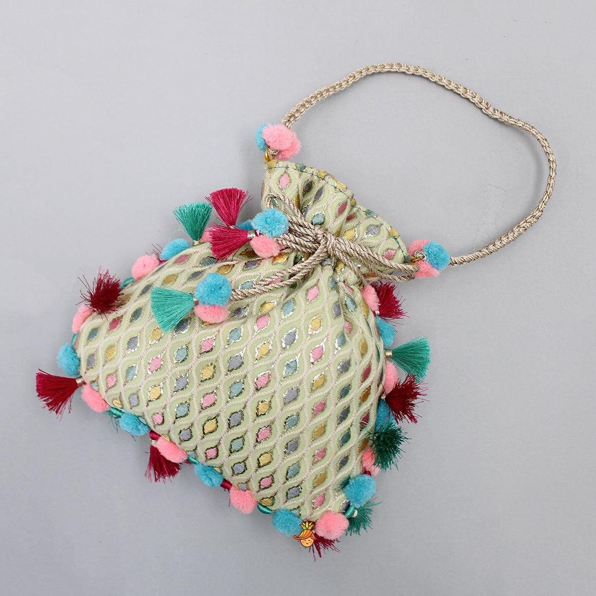 Pre Order: Elegant Thread Embroidered Pom Poms Enhanced Potli Bag