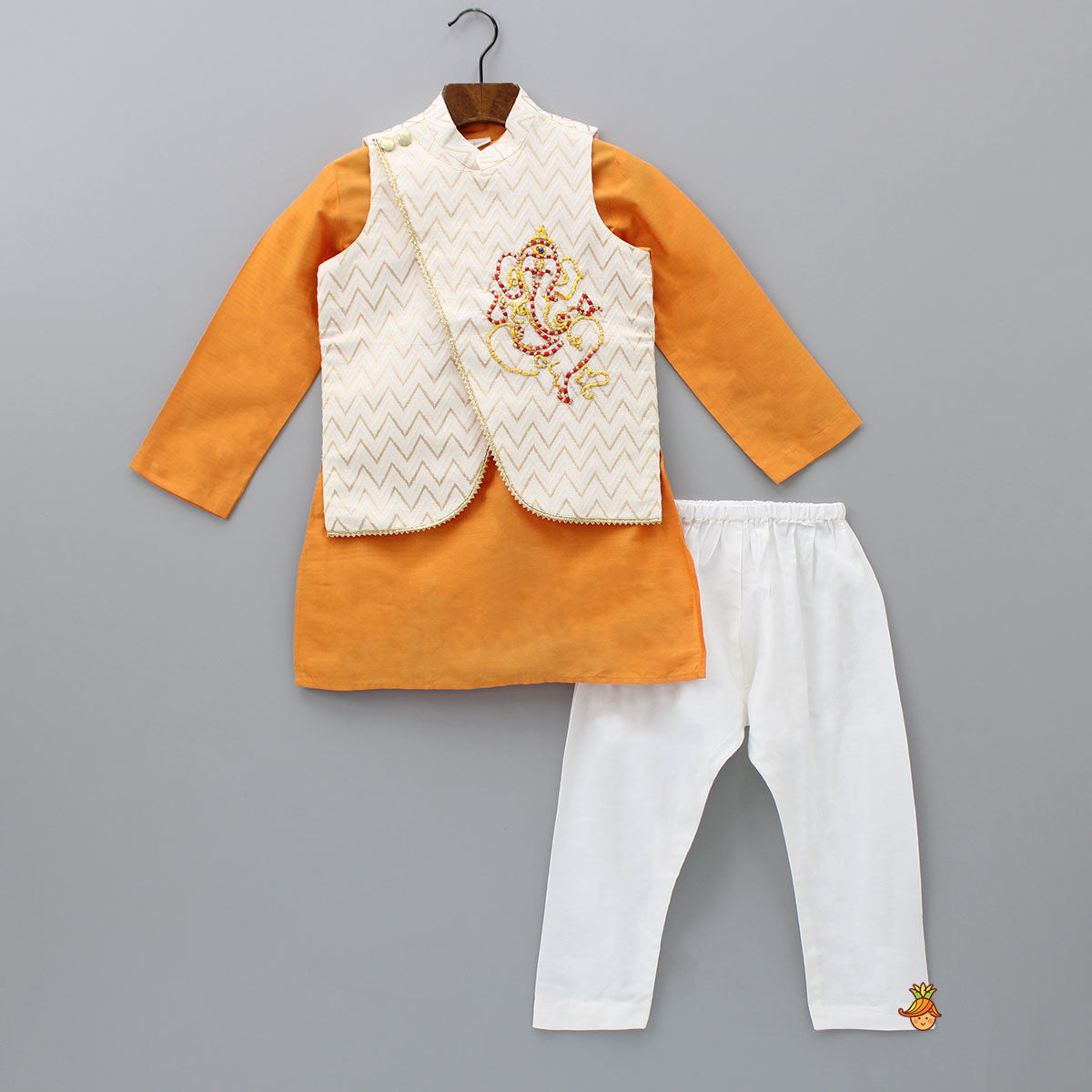 Pre Order: Orange Kurta With Ganesha Embroidered Jacket And Pyjama