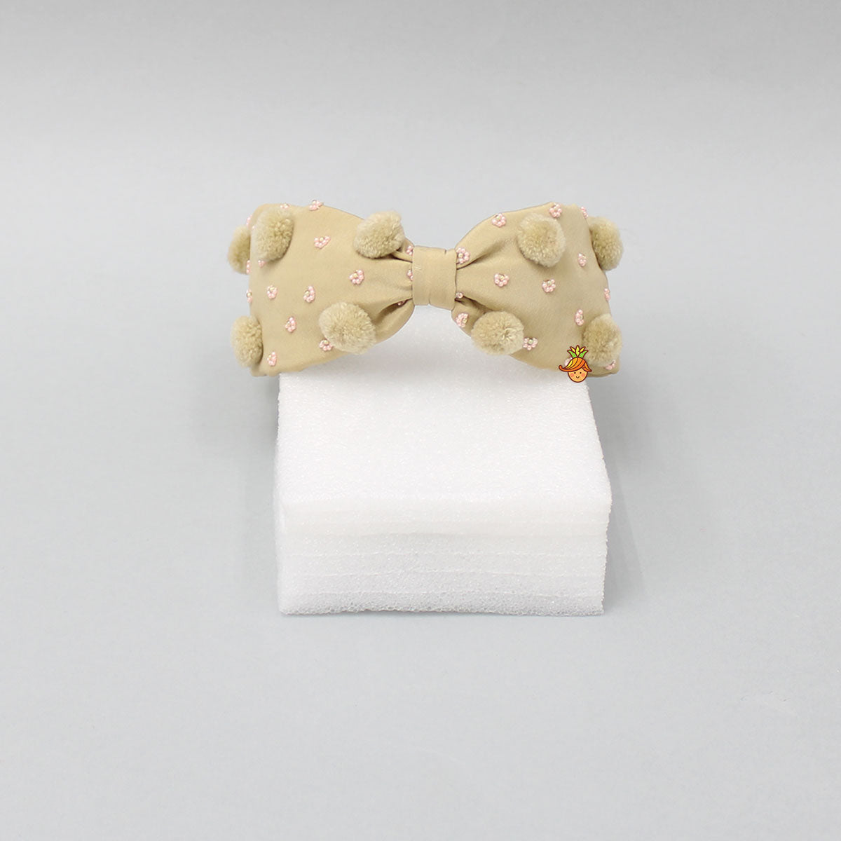 Pre Order: Pom Poms And Beads Embroidered Beige Hair Band