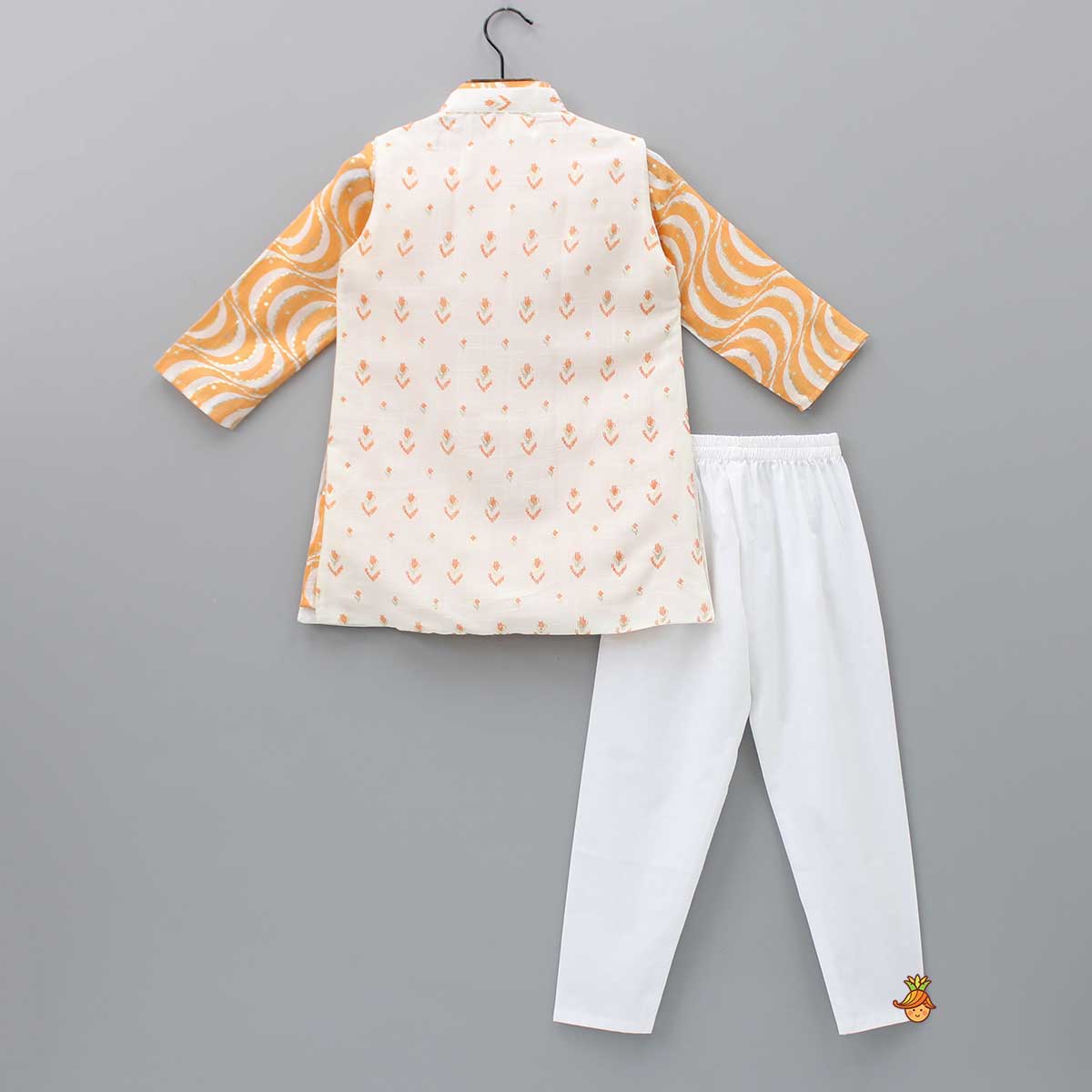 Ethnic Printed Orange Kurta With Jacket And Pyjama