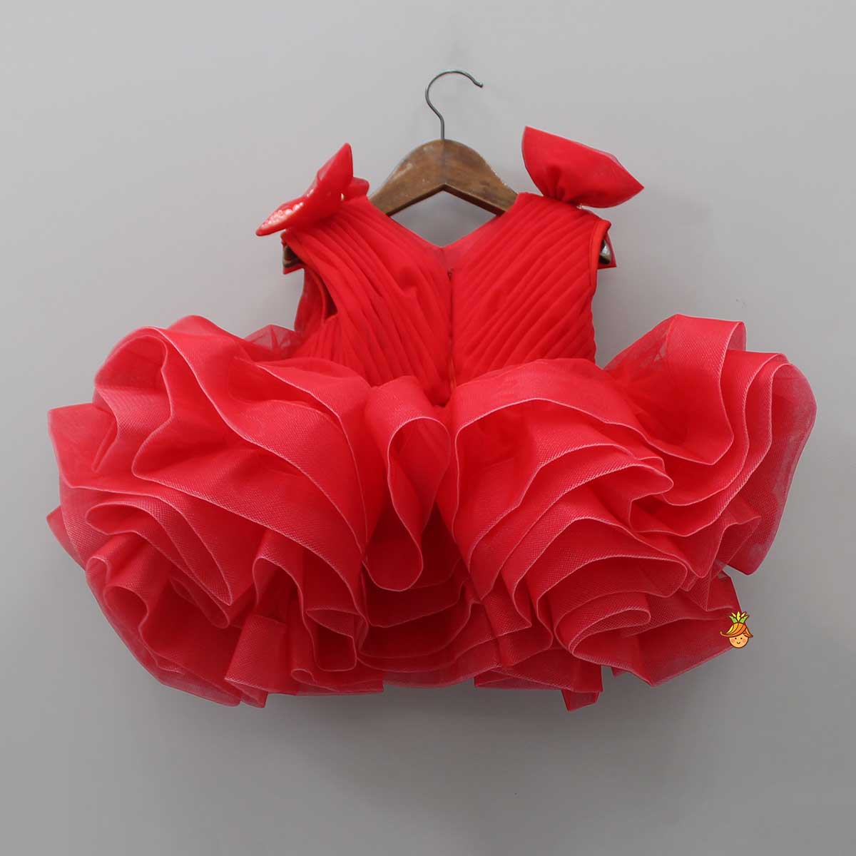 Pre Order: Bows Enhanced Ruffle Layered Red Net Dress