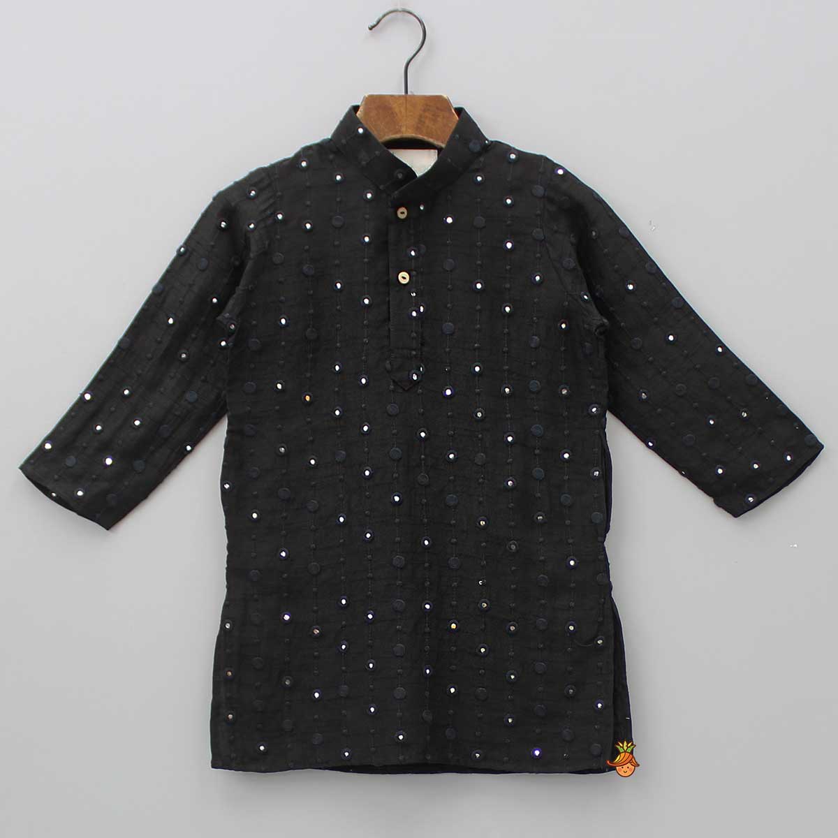 Faux Mirror Work Black Mandarin Collar Kurta And Pyjama