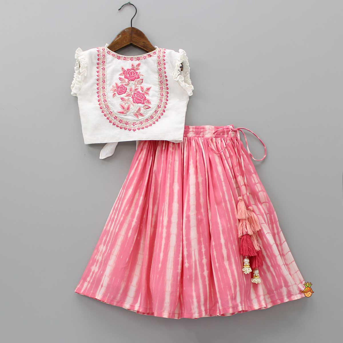 Pre Order: Yoke Embroidered Dual Tone Top And Shibori Printed Pink Lehenga