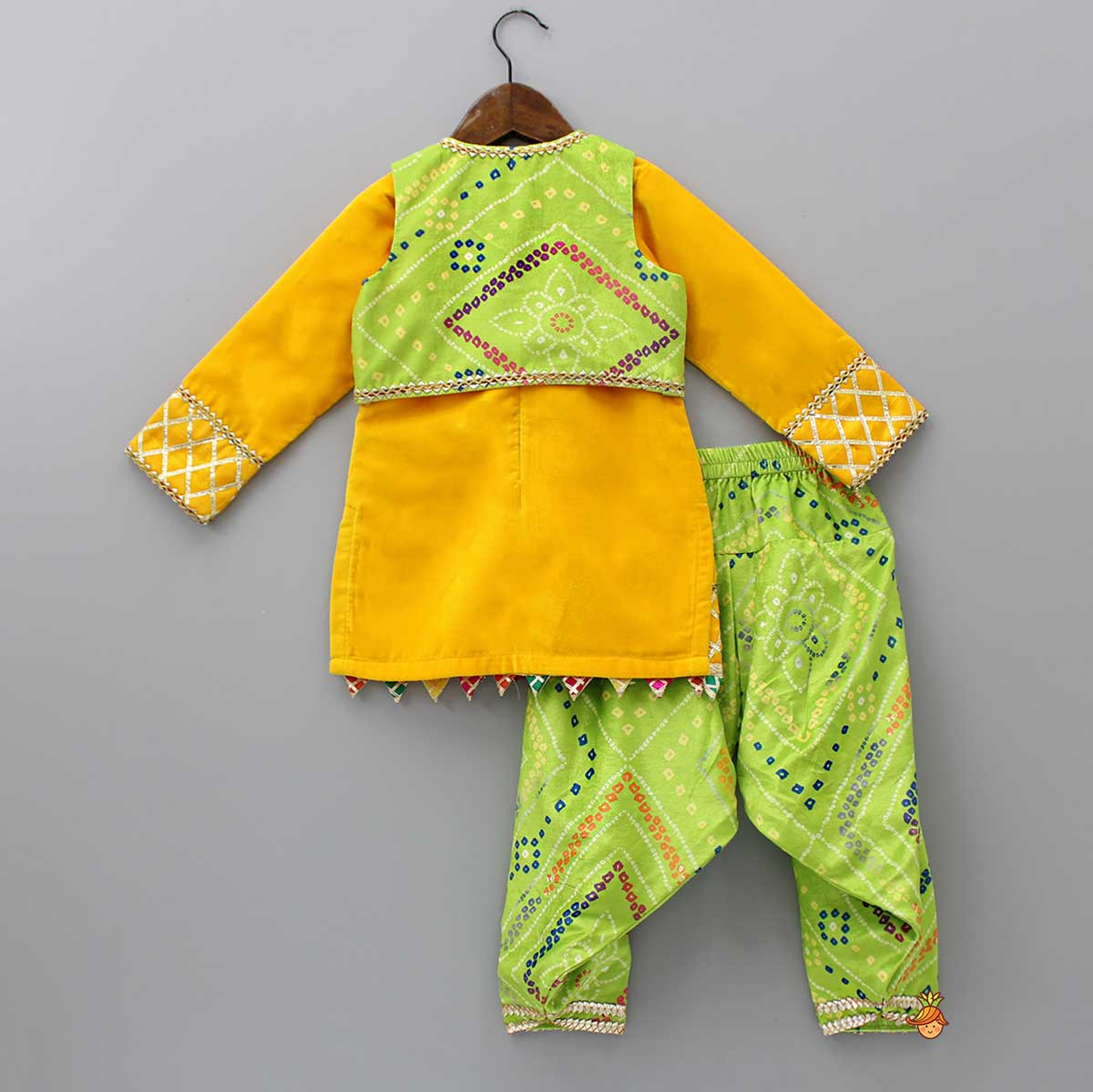 Pre Order: Yellow Velvet Kurti With Bandhani Printed Tie Up Jacket And Salwar With Matching Dupatta