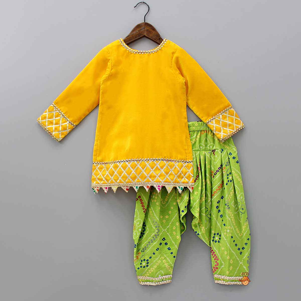 Pre Order: Yellow Velvet Kurti With Bandhani Printed Tie Up Jacket And Salwar With Matching Dupatta