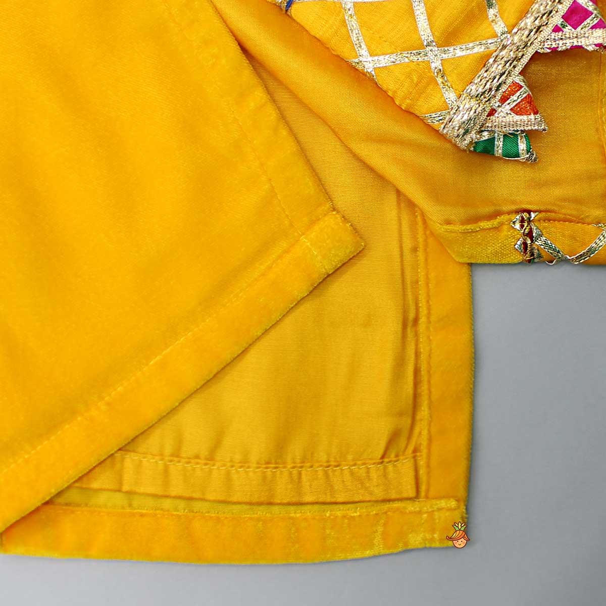 Pre Order: Yellow Velvet Kurti With Bandhani Printed Tie Up Jacket And Salwar With Matching Dupatta