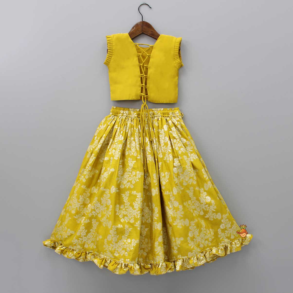 Pre Order: Pleated Armhole Mustard Top And Ruffle Hem Lehenga