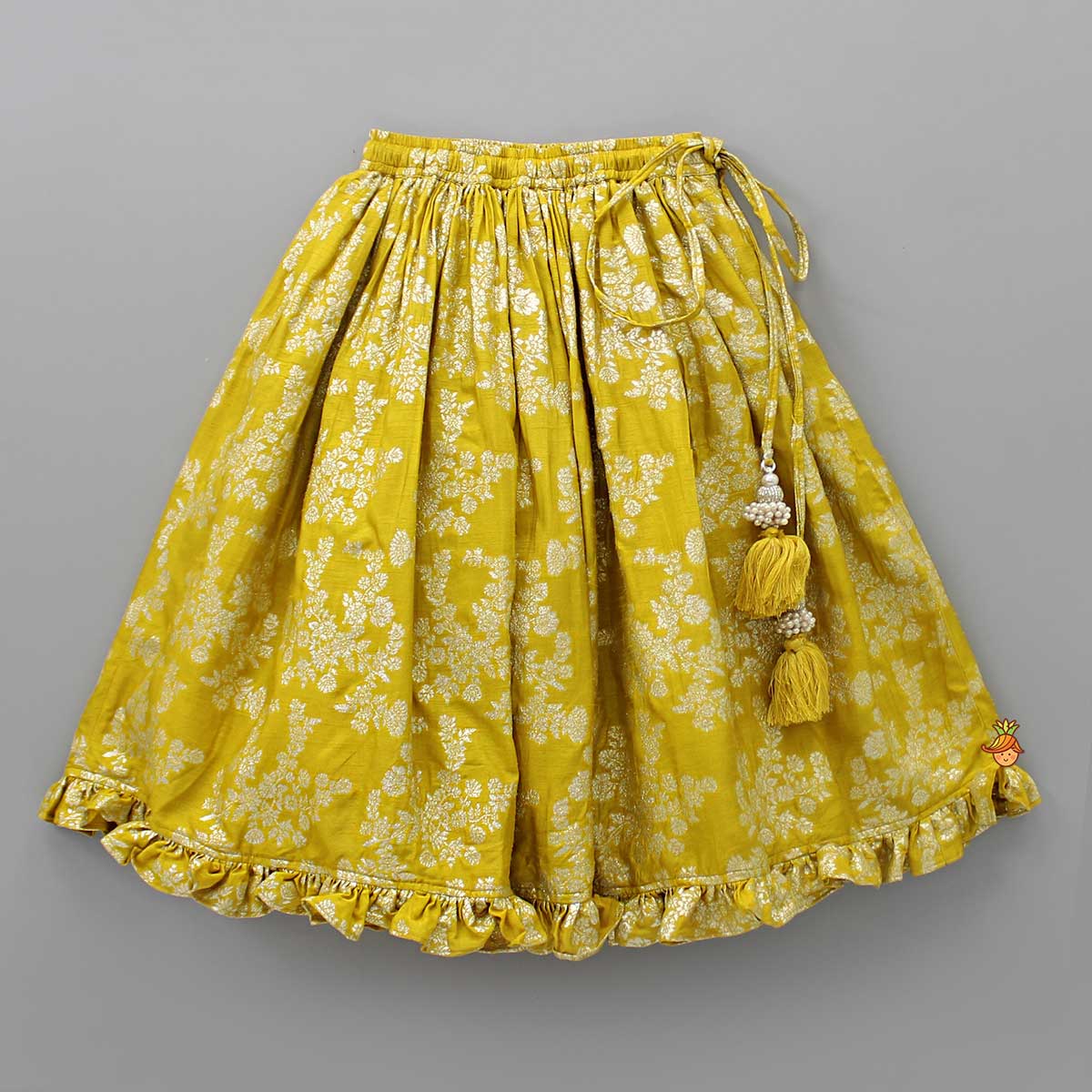 Pre Order: Pleated Armhole Mustard Top And Ruffle Hem Lehenga