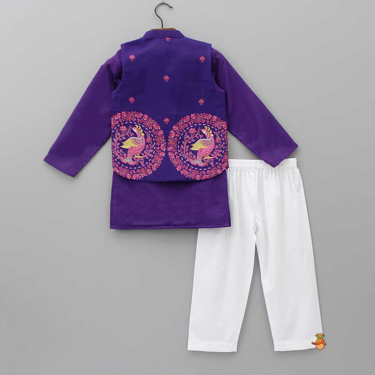 Pre Order: Purple Ethnic Kurta With Printed Open Jacket And White Pyjama