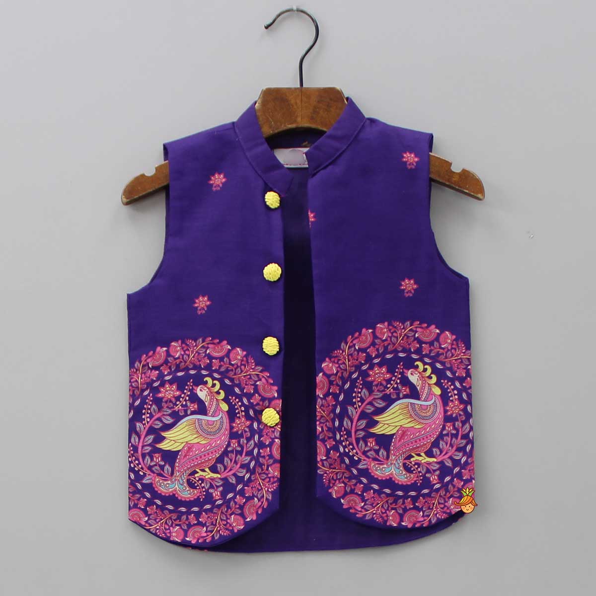 Pre Order: Purple Ethnic Kurta With Printed Open Jacket And White Pyjama