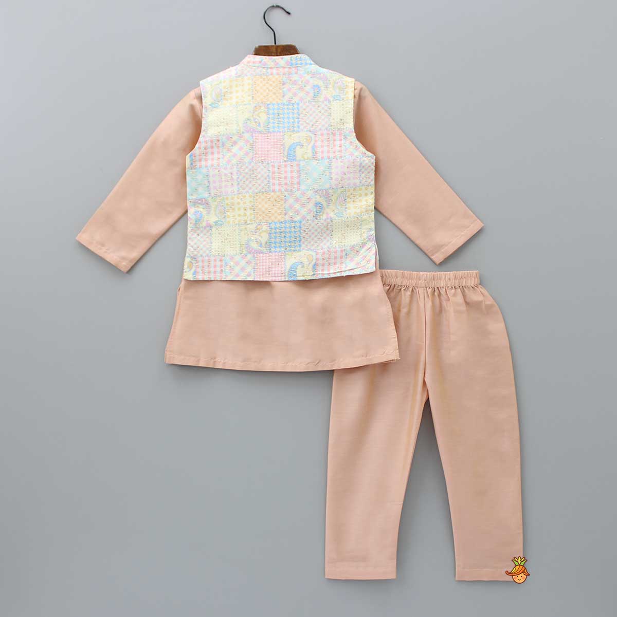 Peach Kurta With Embroidered Multicolour Jacket And Pyjama