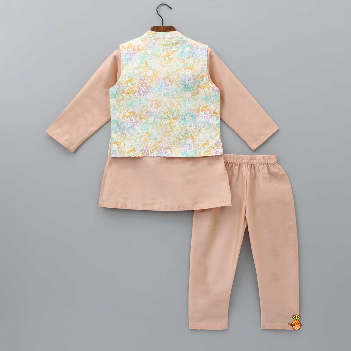 Peach Kurta With Embroidered Pocket Detail Jacket And Pyjama