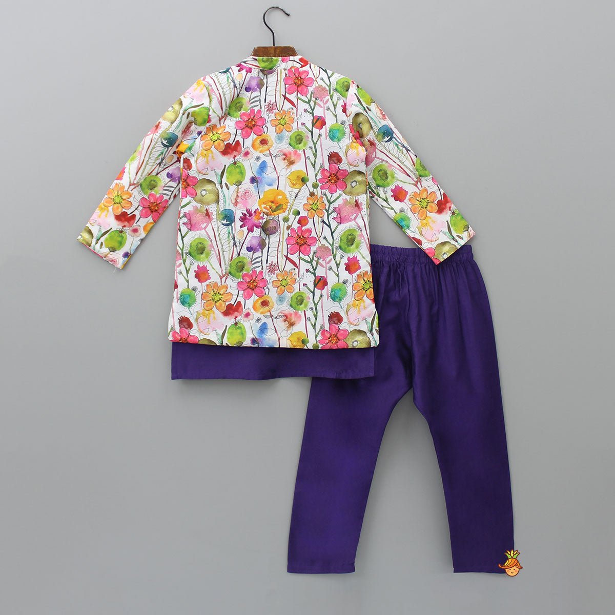 Pocket Detailed Purple Kurta With Colorful Open Jacket And Pyjama