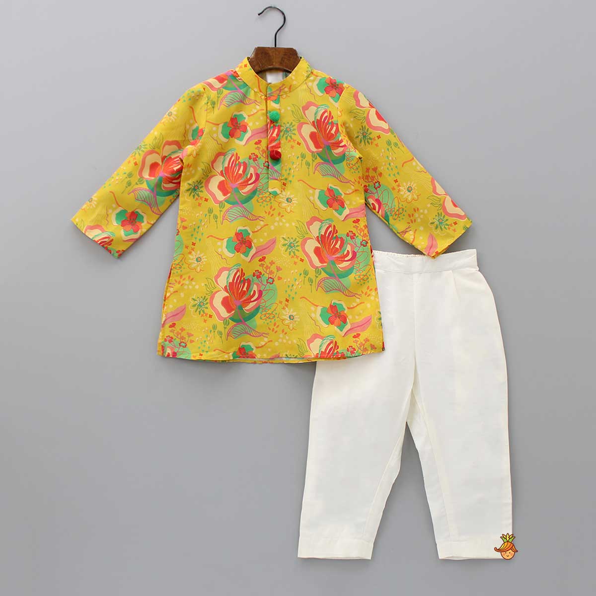 Pre Order: Pom Poms Adorned Yellow Kurta And Pockets Detail Pyjama