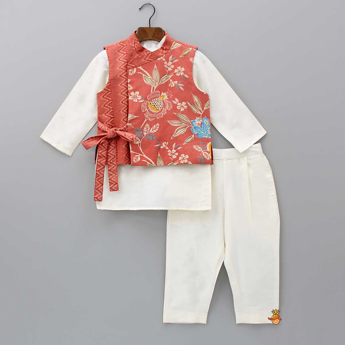 Pre Order: Off White Kurta With Side Knot Detail Printed Rust Jacket And Pyjama