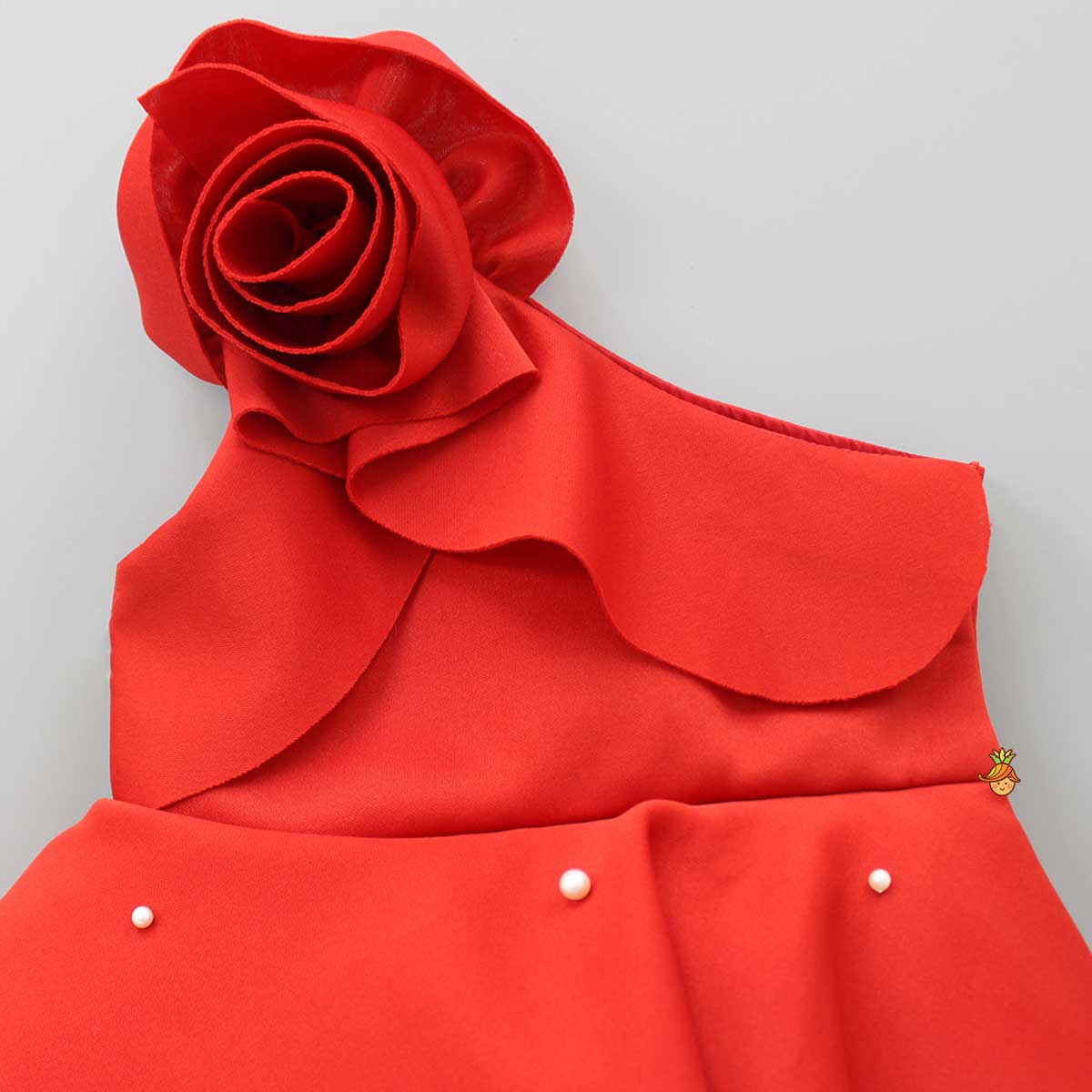 Pre Order: Rose Embellished Frilly Red Scuba Dress