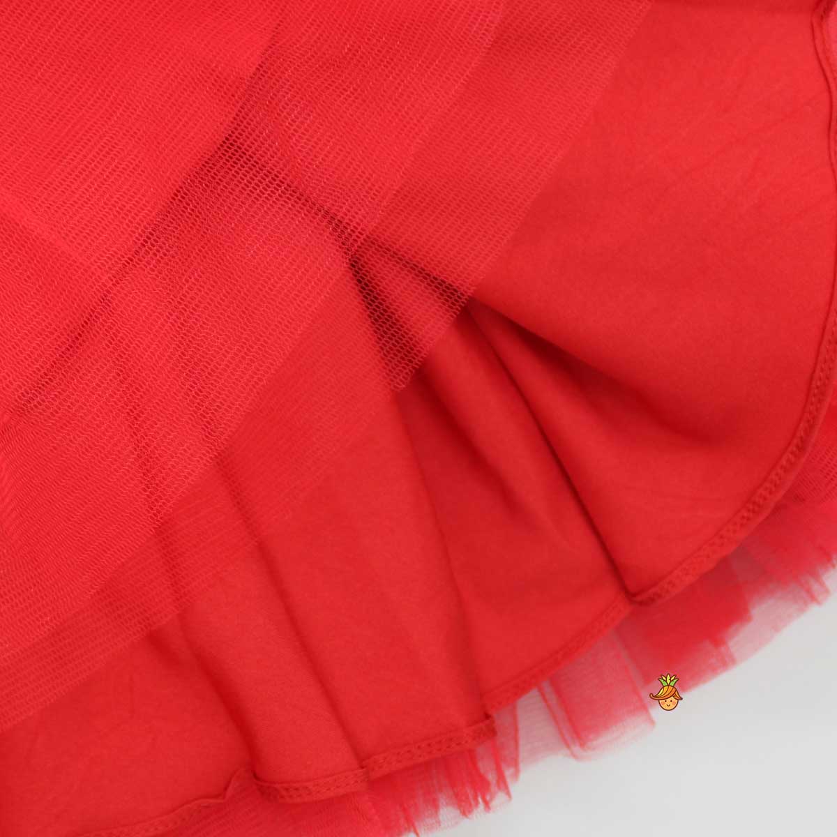 Pre Order: Rose Embellished Frilly Red Scuba Dress